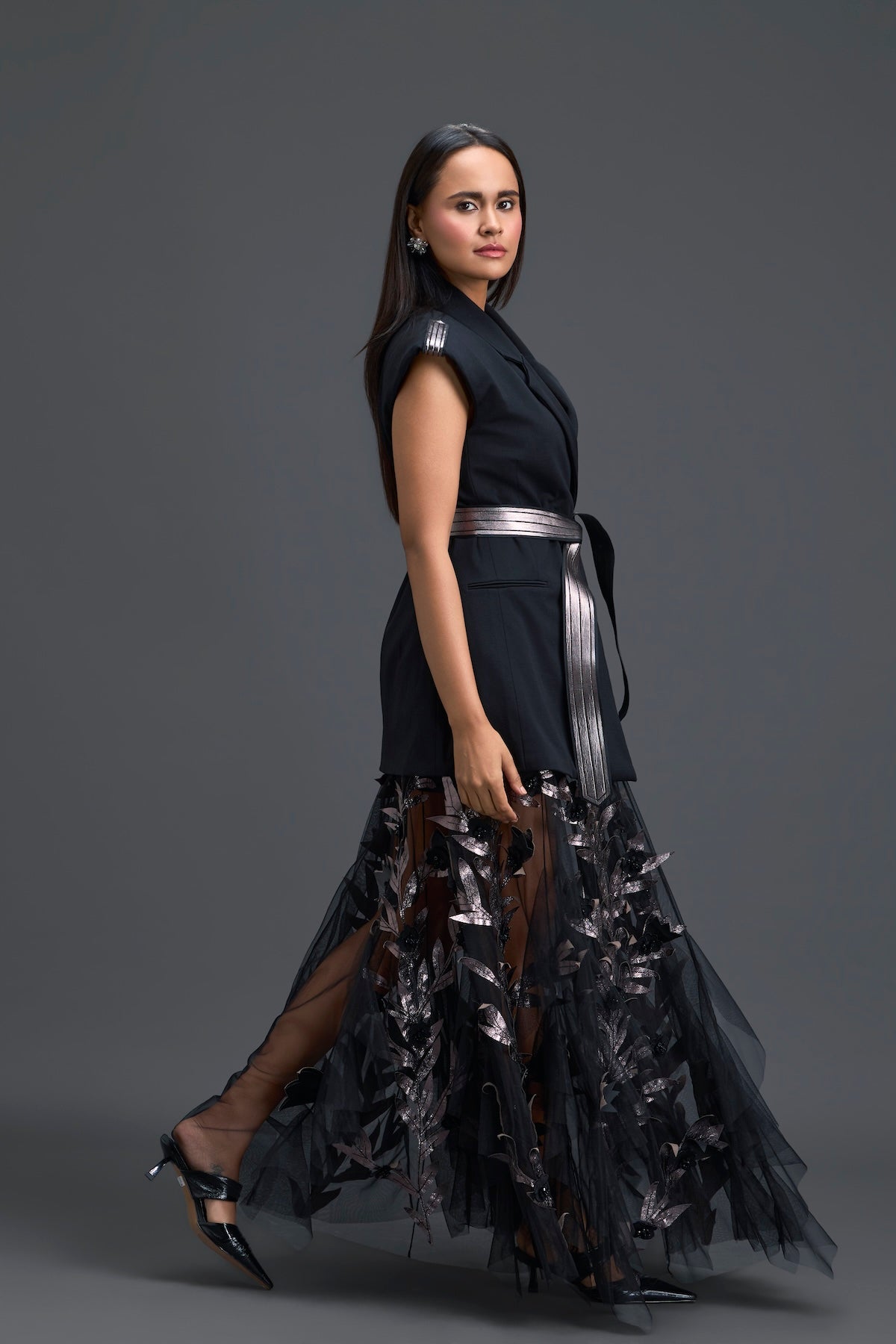 Black Sleeveless Vest and Metallic Leaf Tulle Skirt Set