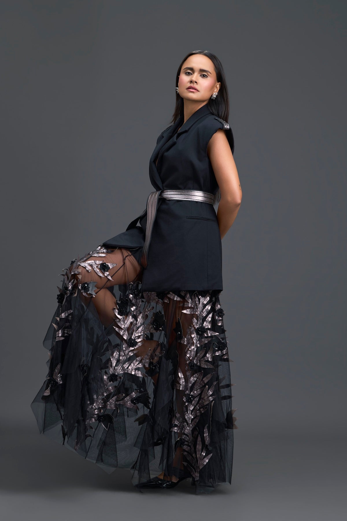 Black Sleeveless Vest and Metallic Leaf Tulle Skirt Set