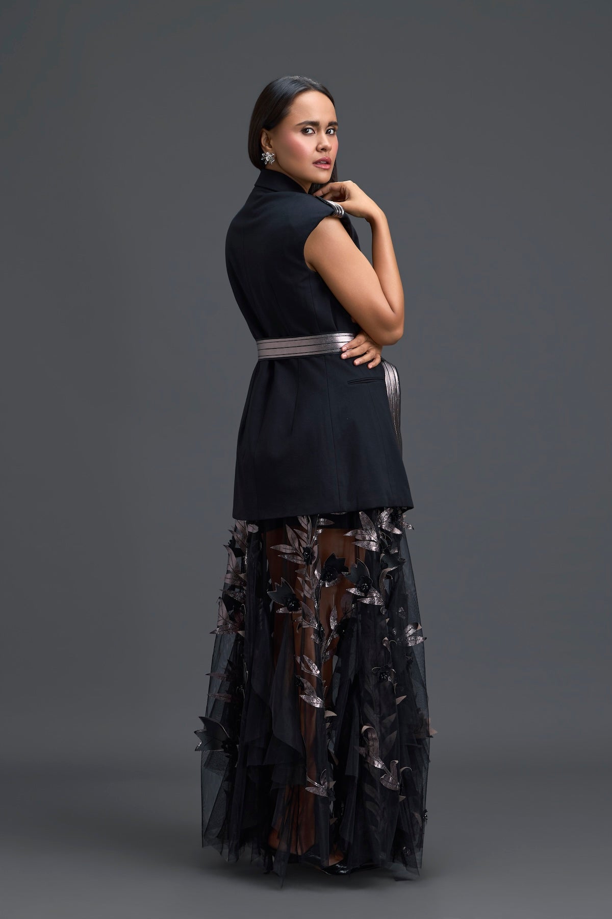 Black Sleeveless Vest and Metallic Leaf Tulle Skirt Set