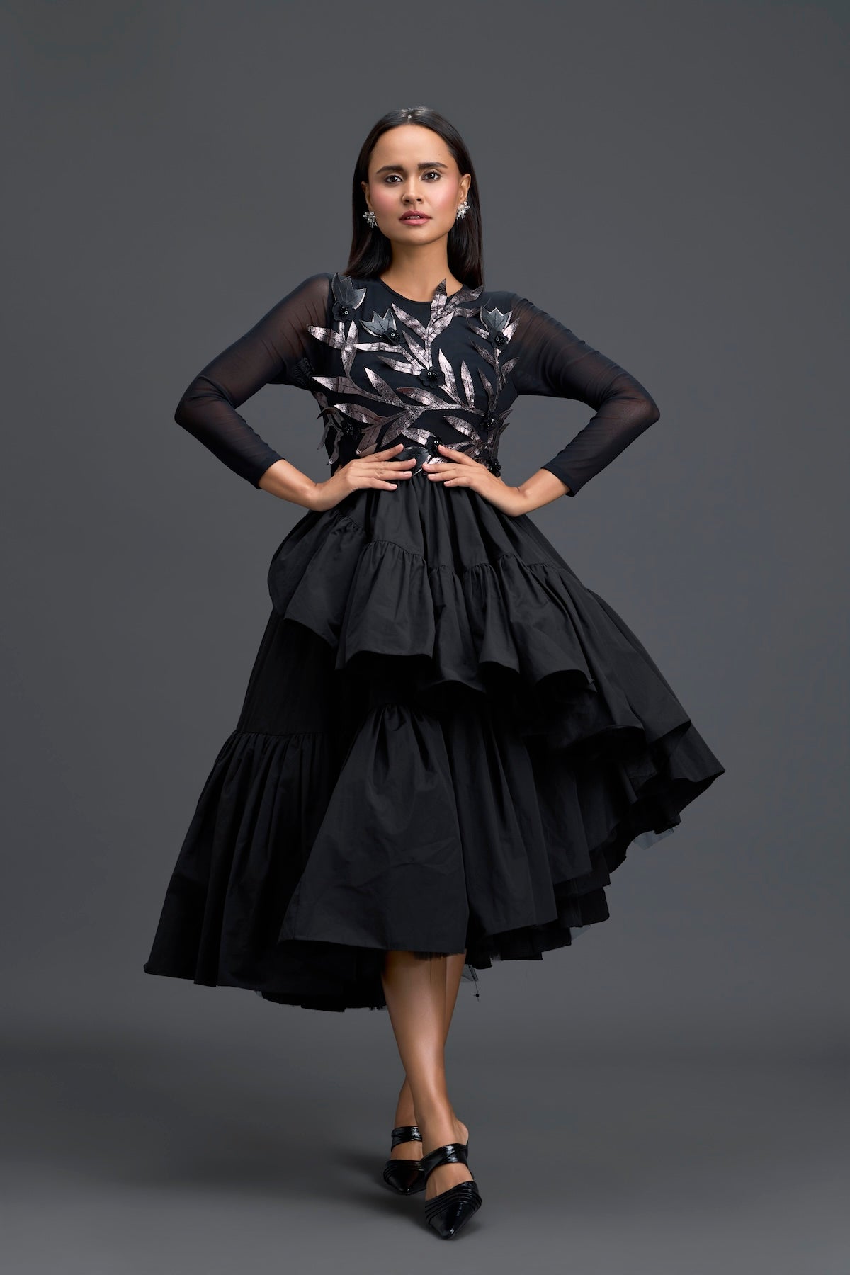Black Sheer Metallic Leaf Tiered Dress
