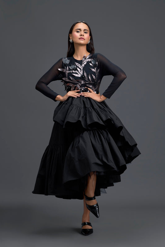 Black Sheer Metallic Leaf Tiered Dress