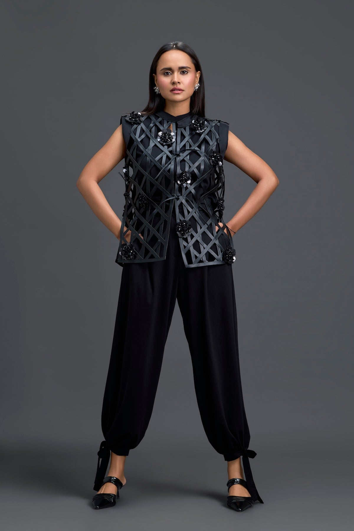 Black Lattice Floral Vest and Tapered Pants Set