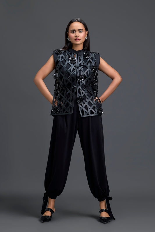 Black Lattice Floral Vest and Tapered Pants Set
