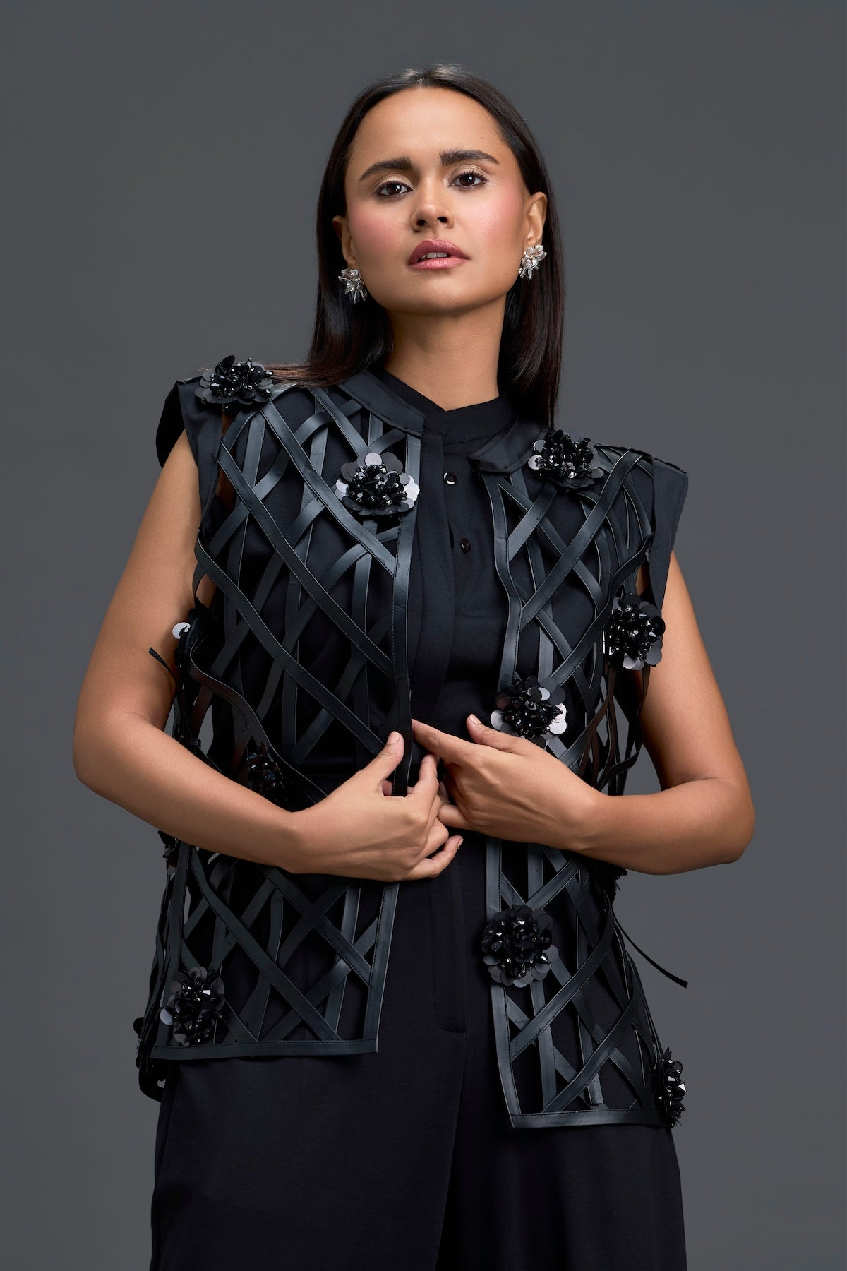 Black Lattice Floral Vest and Tapered Pants Set