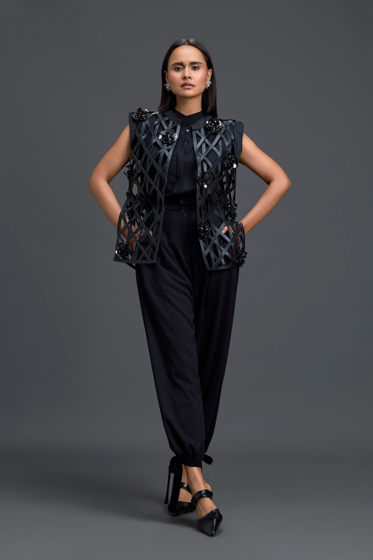 Black Lattice Floral Vest and Tapered Pants Set