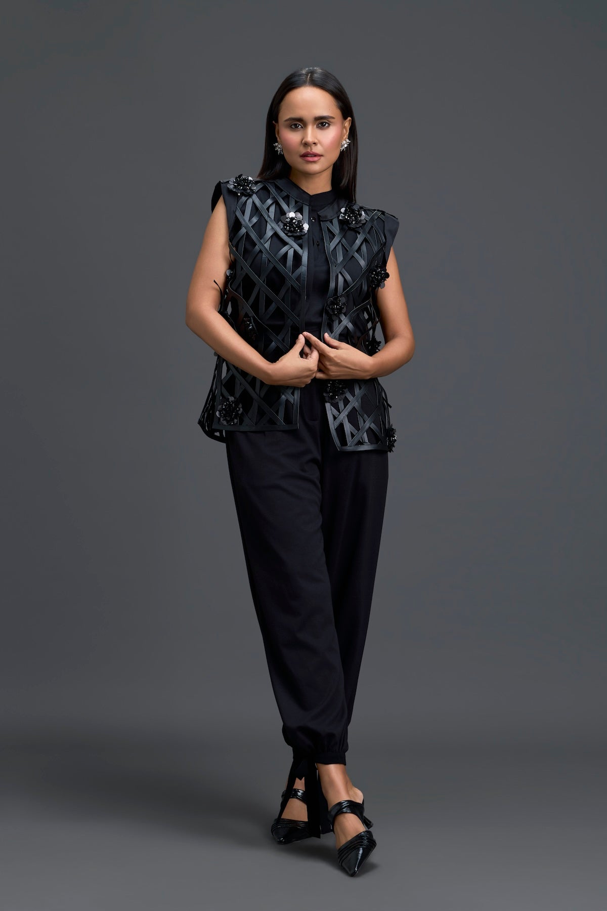 Black Lattice Floral Vest and Tapered Pants Set