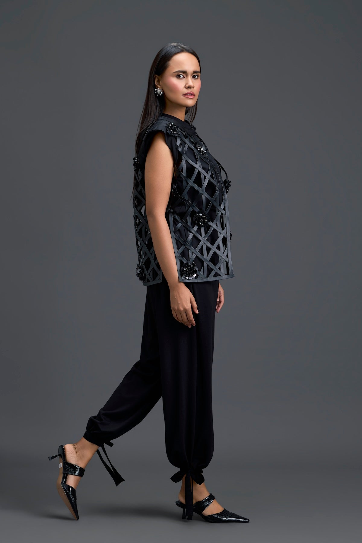 Black Lattice Floral Vest and Tapered Pants Set
