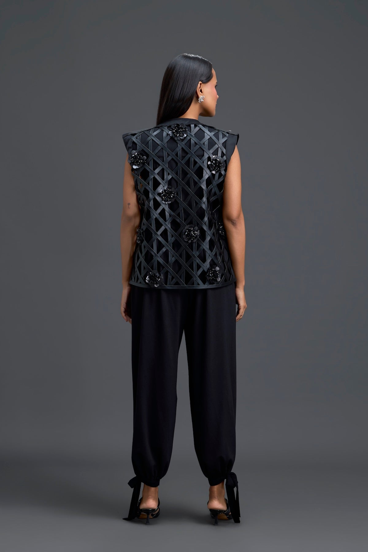 Black Lattice Floral Vest and Tapered Pants Set