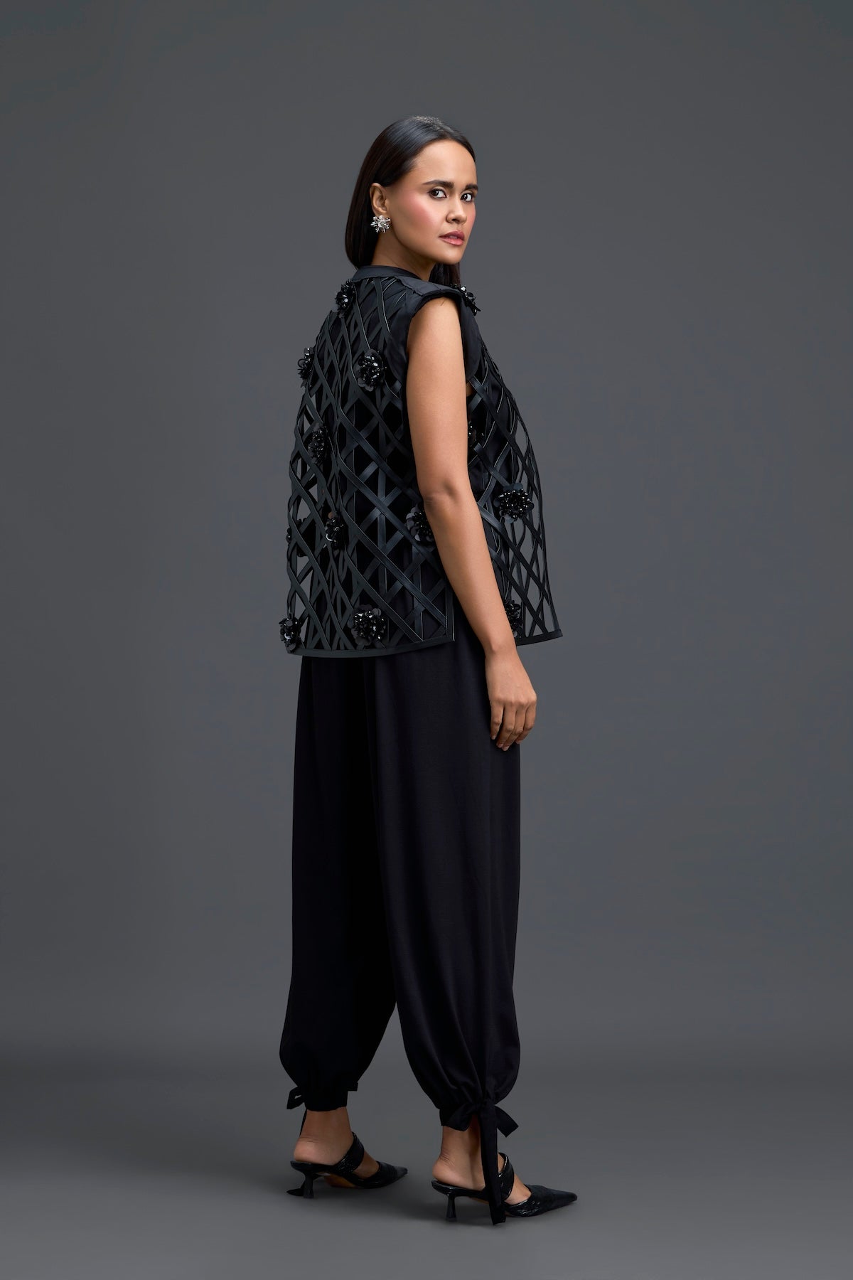 Black Lattice Floral Vest and Tapered Pants Set