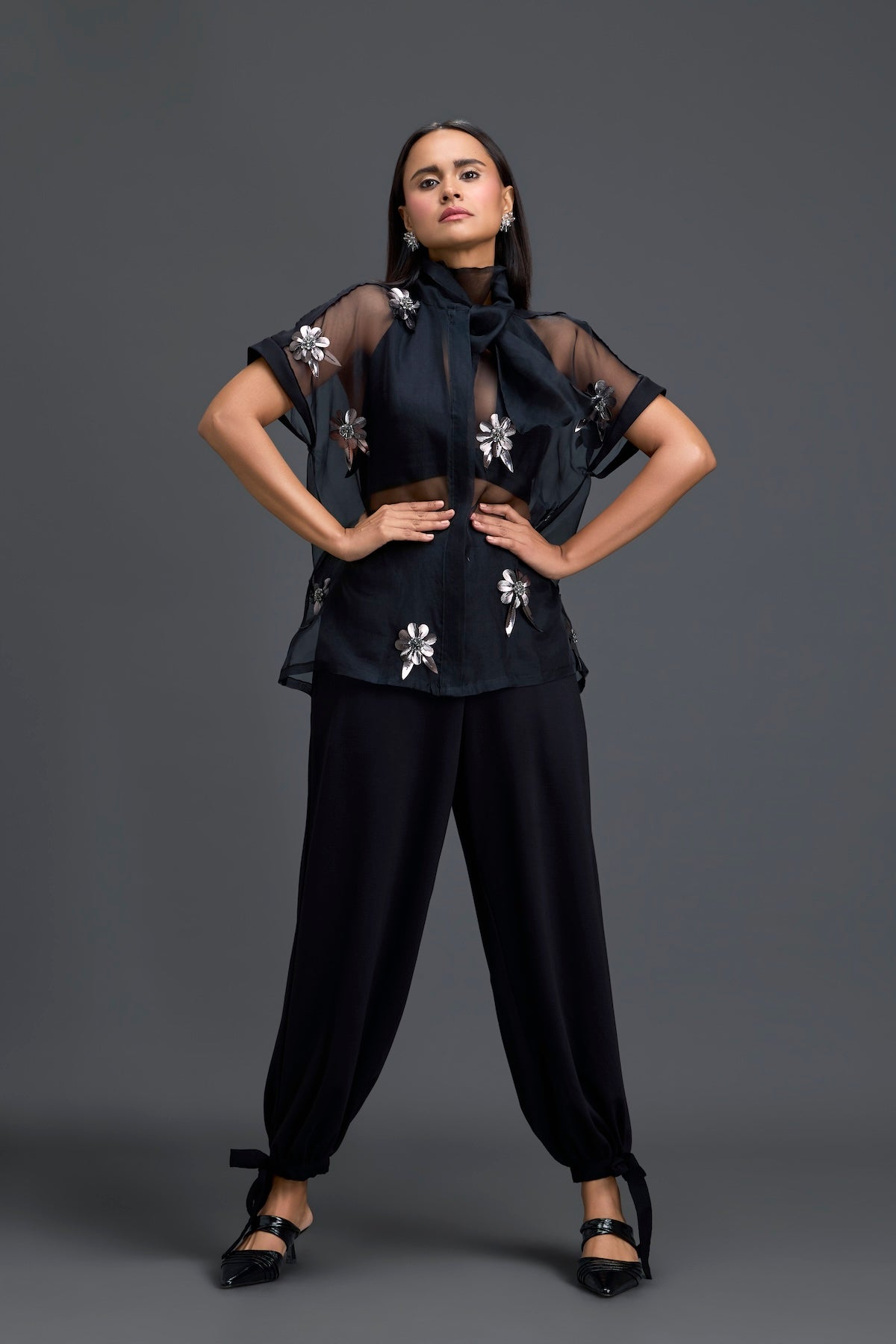 Black Sheer Floral Top and Black Pants Set