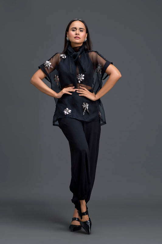 Black Sheer Floral Top and Black Pants Set