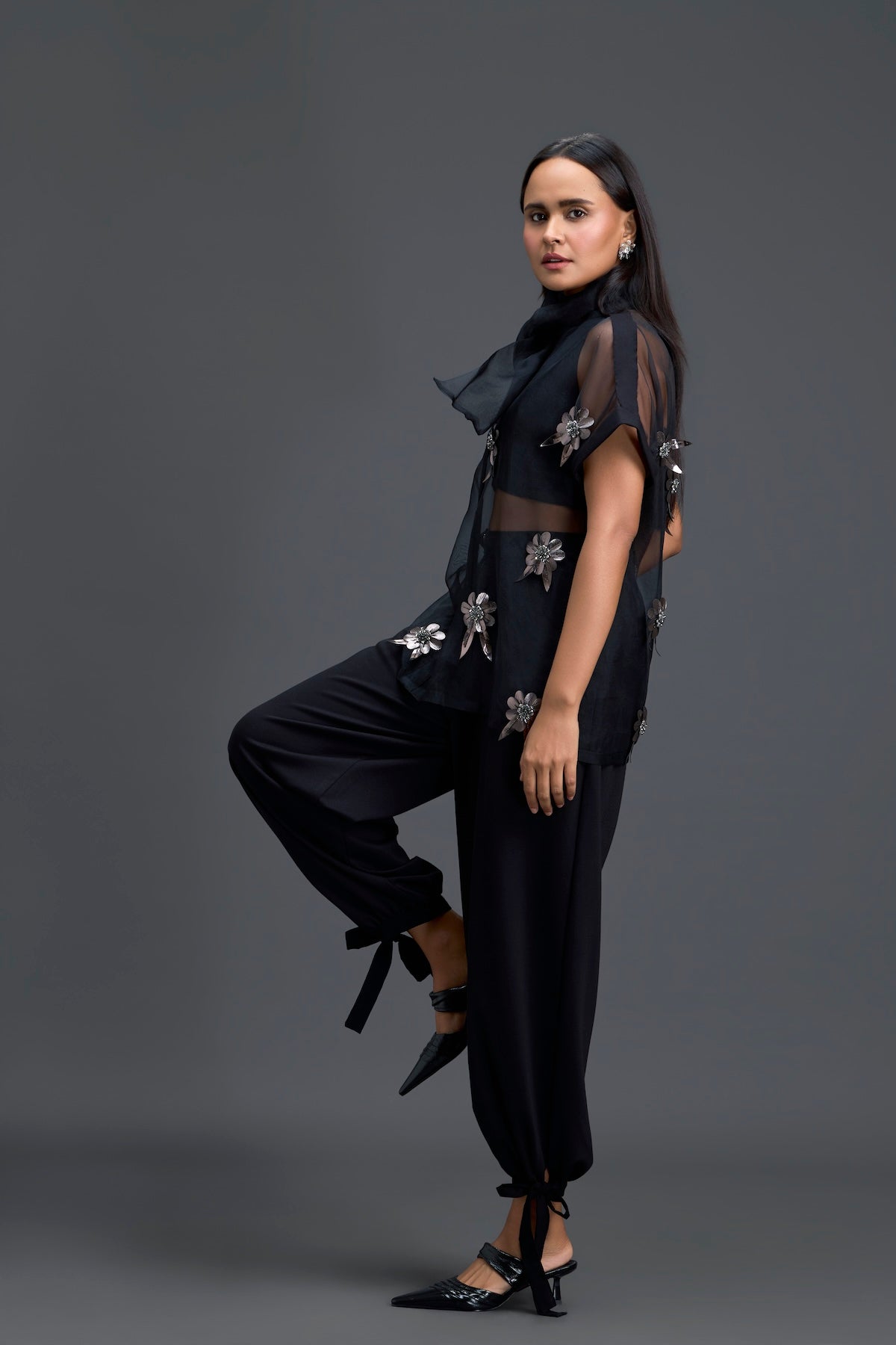 Black Sheer Floral Top and Black Pants Set