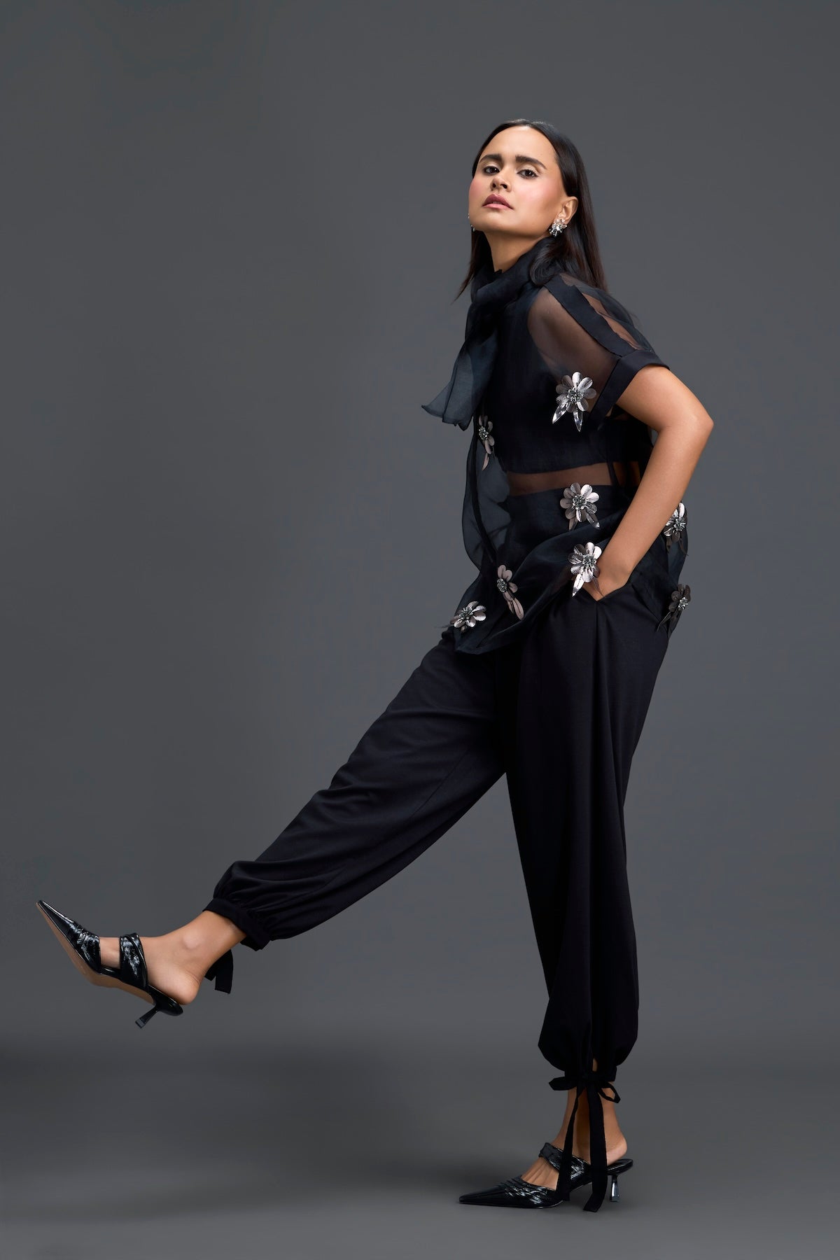 Black Sheer Floral Top and Black Pants Set