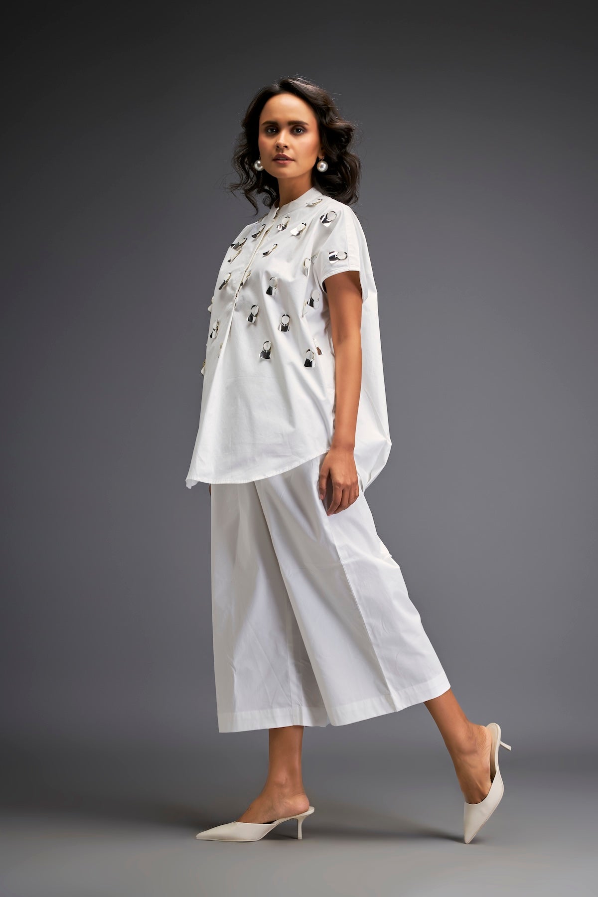 Shirt With Glossy Metallic Discs Embellishments With Wide-Leg Pants