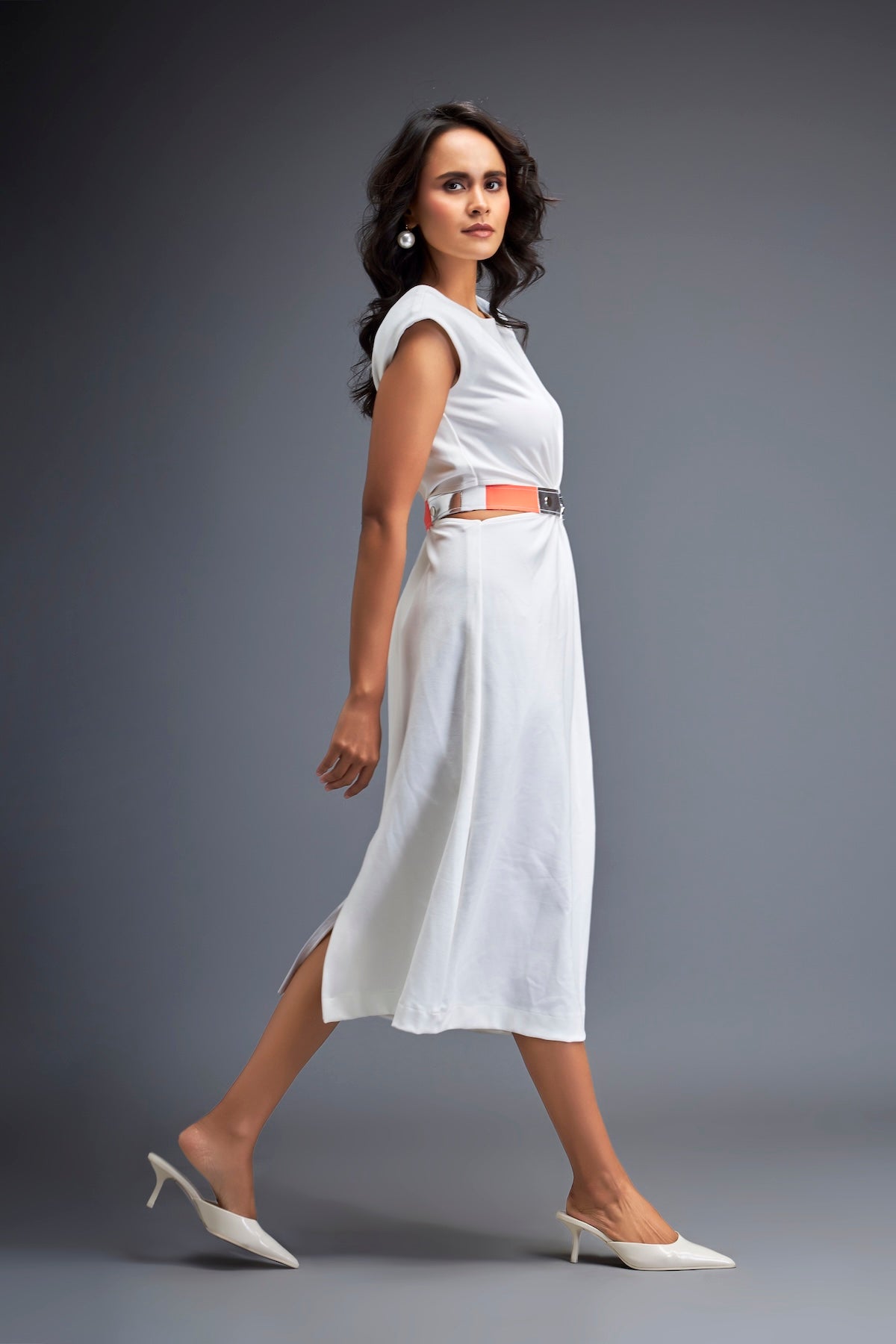 Gathered Waist Dress with Bold Contrast Belt