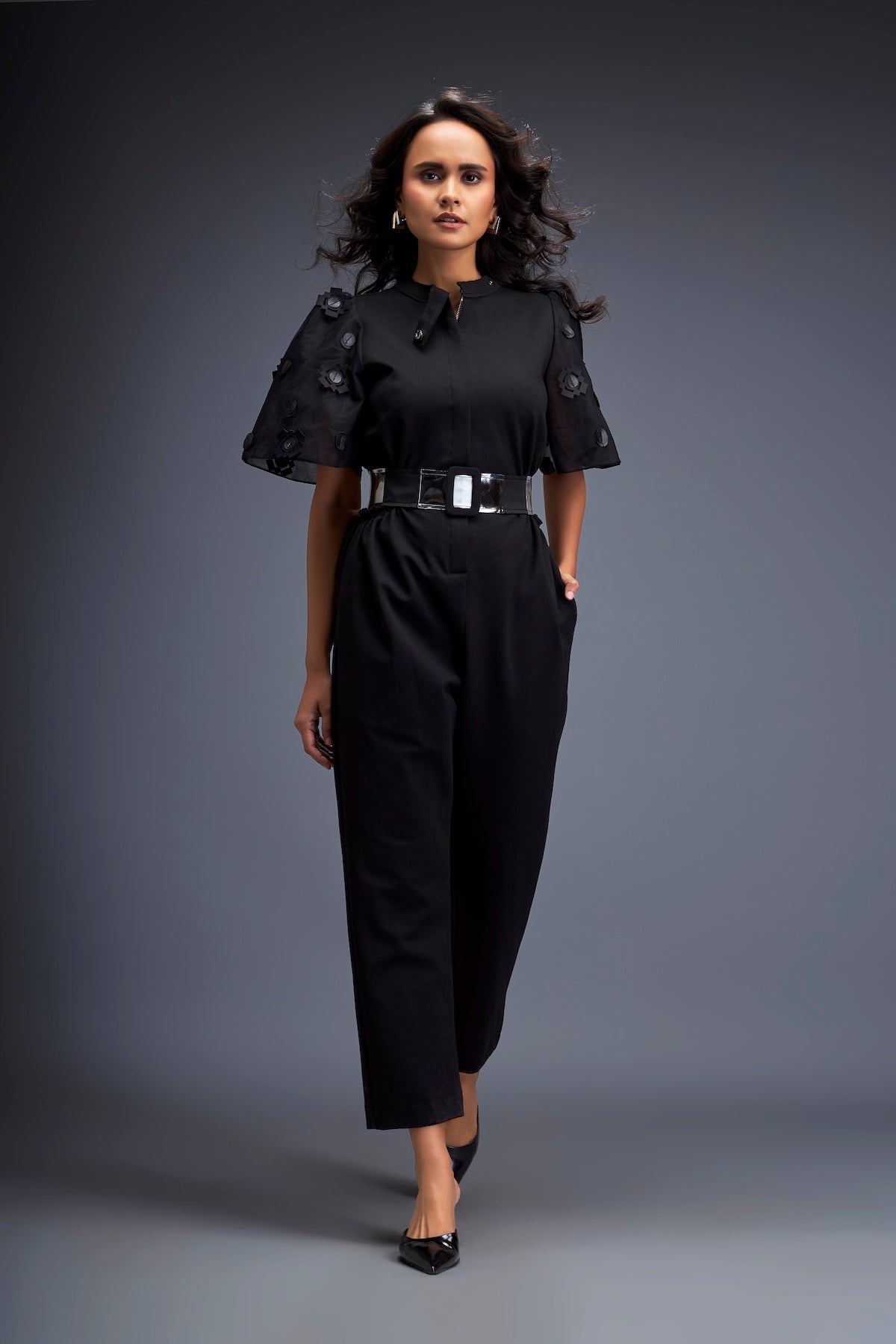 Jumpsuit with Puffed Sleeves and Dual Belt