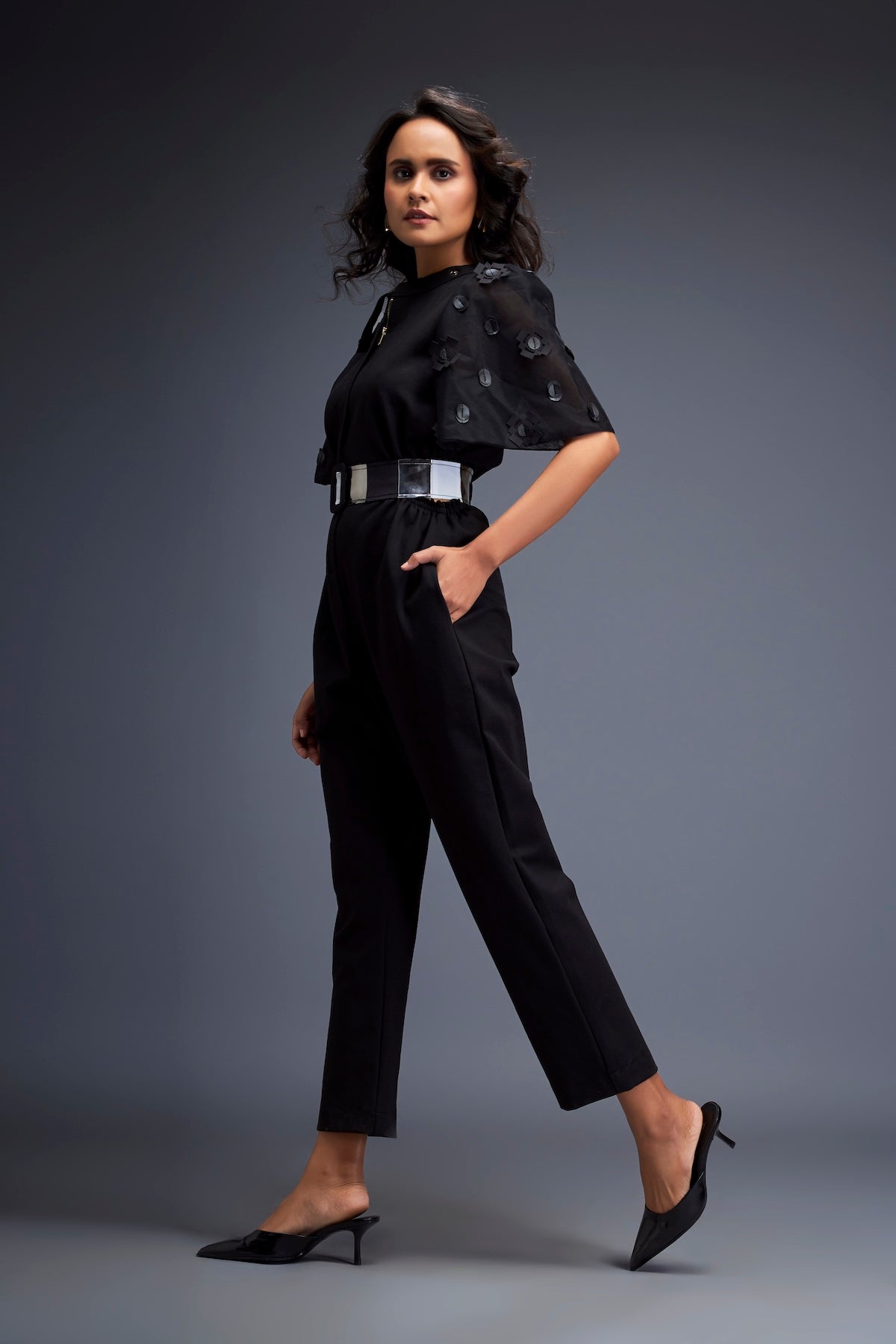 Jumpsuit with Puffed Sleeves and Dual Belt