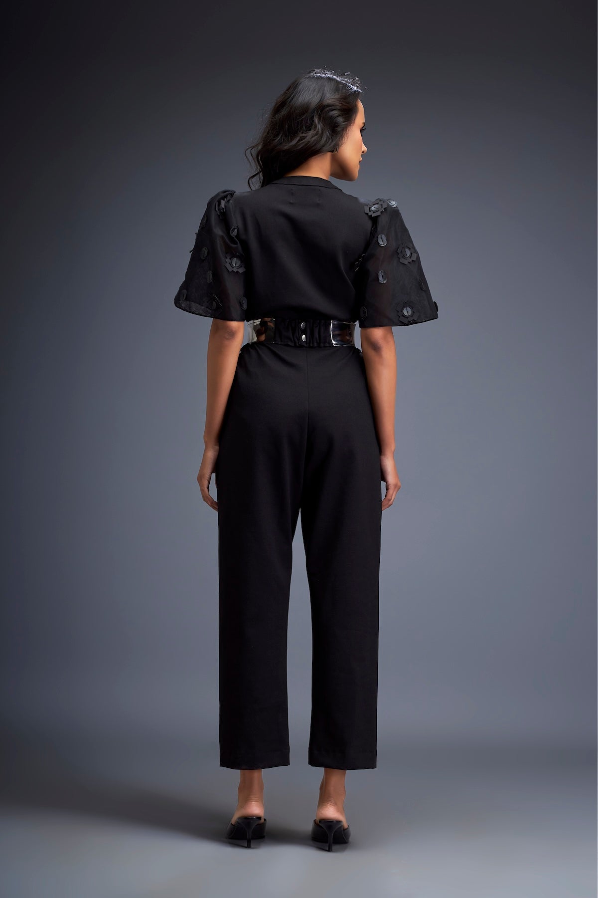 Jumpsuit with Puffed Sleeves and Dual Belt