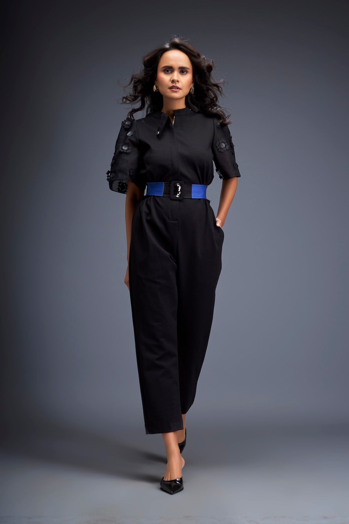 Jumpsuit with Puffed Sleeves and Dual Belt