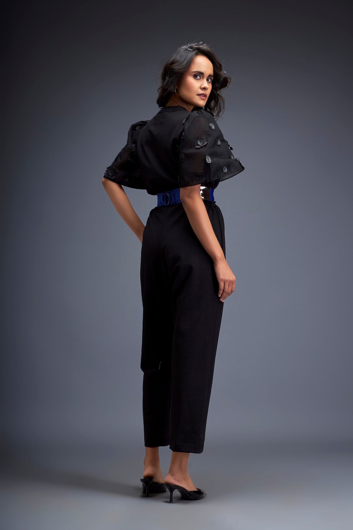 Jumpsuit with Puffed Sleeves and Dual Belt