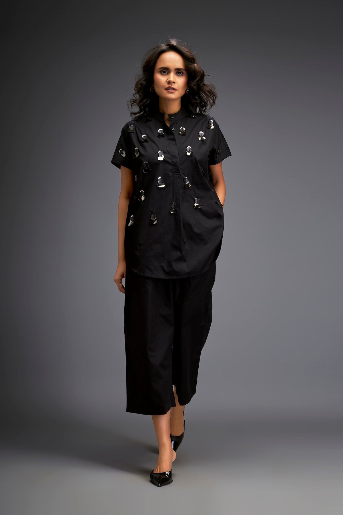 Shirt With Glossy Metallic Discs Embellishments With Wide-Leg Pants