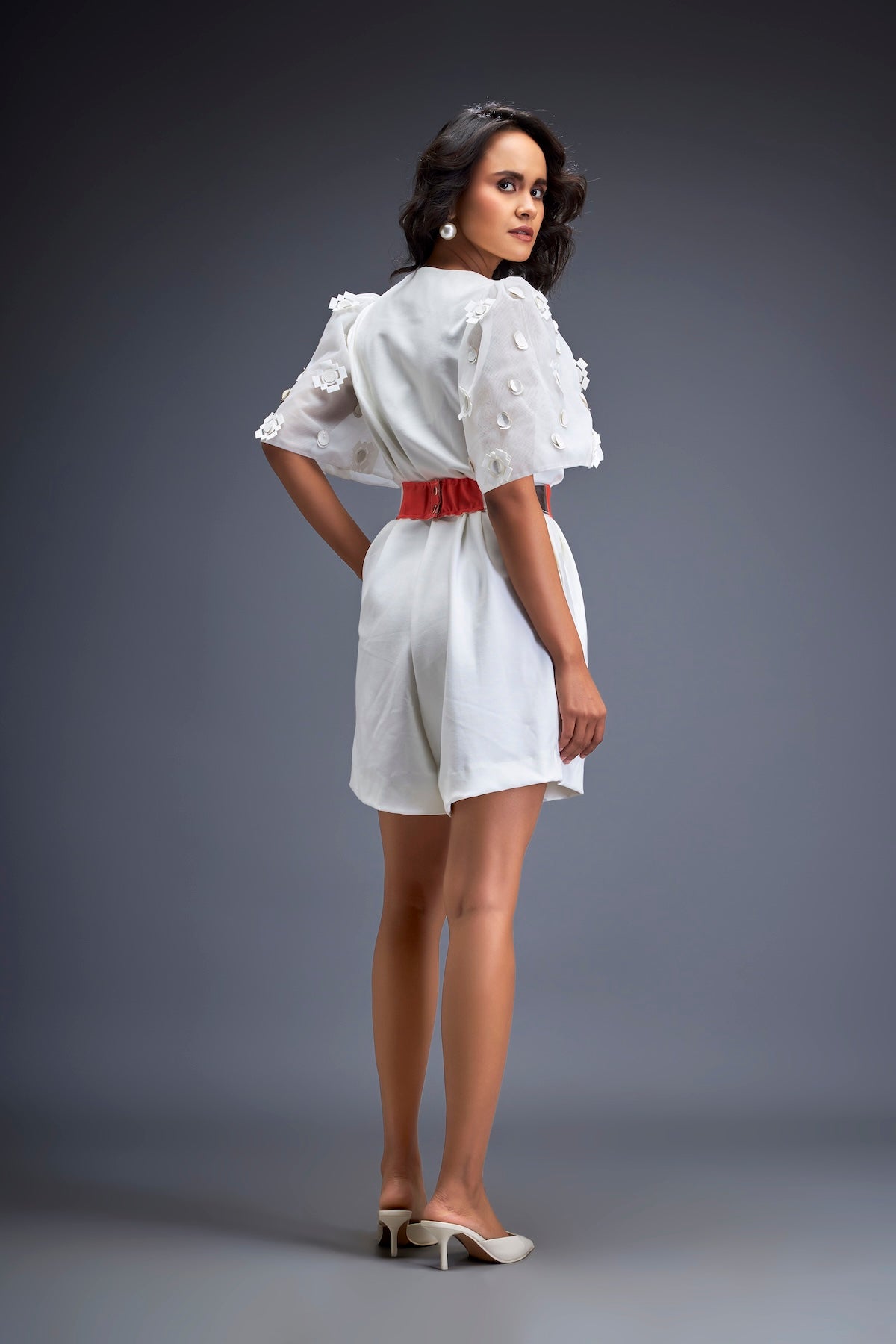 Playsuit with Voluminous Sleeves and Neon-Silver Belt