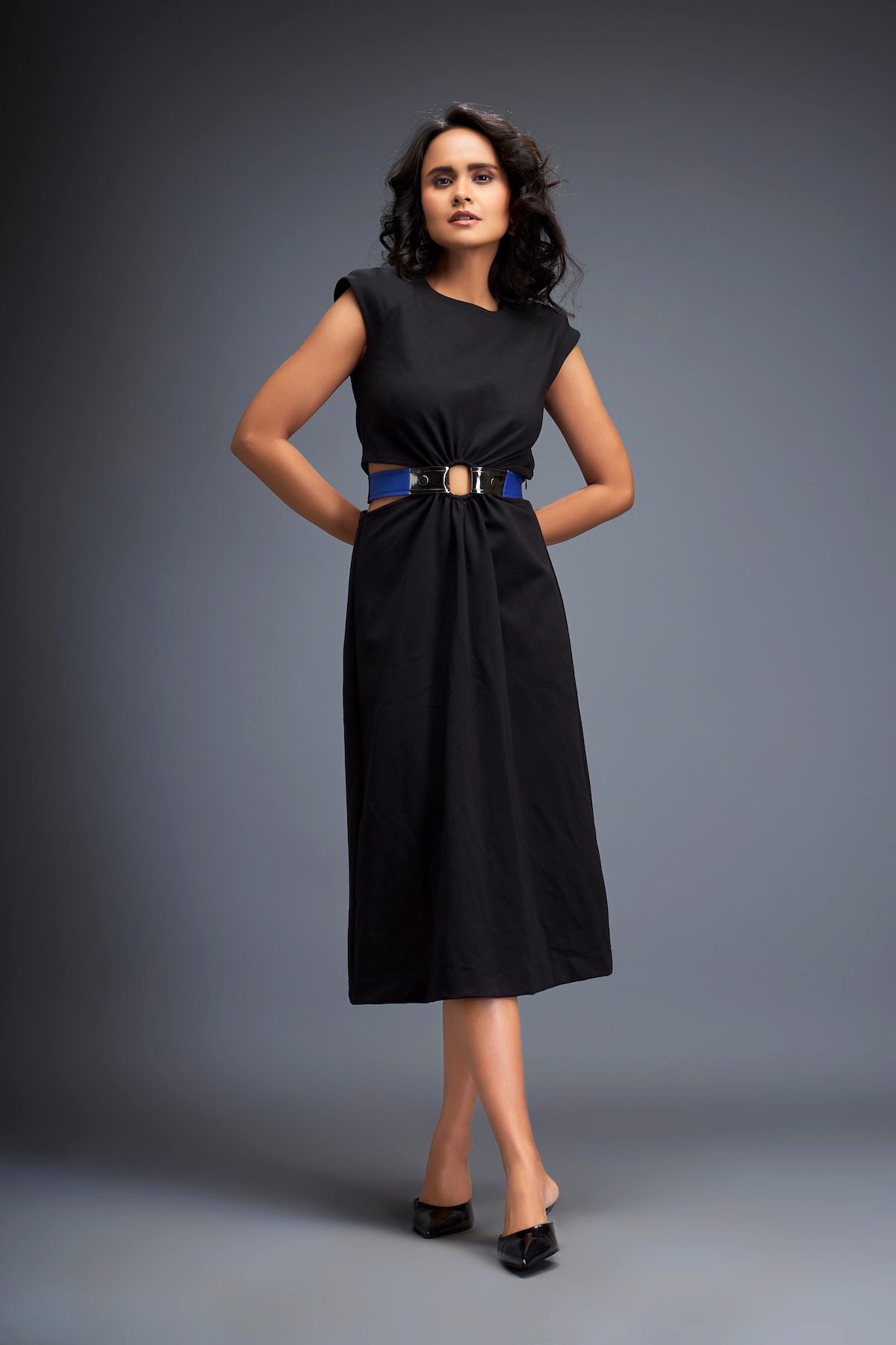 Gathered Waist Dress with Bold Contrast Belt