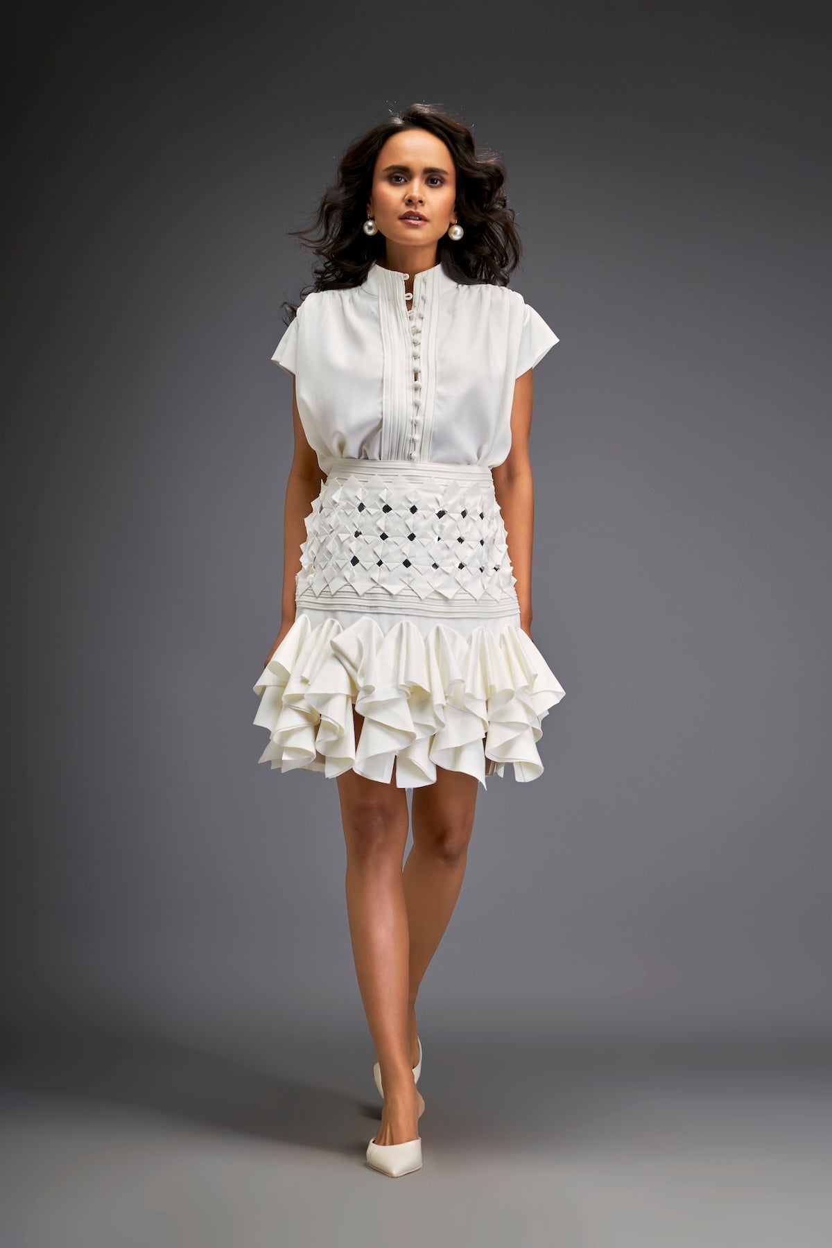 Ruffled Skirt With Structured Blouse And Metallic Embroidered Accents