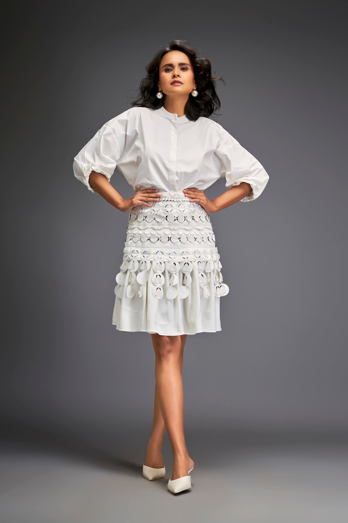 White Sleeve Blouse With A Textured Waistline And Tiered Skirt