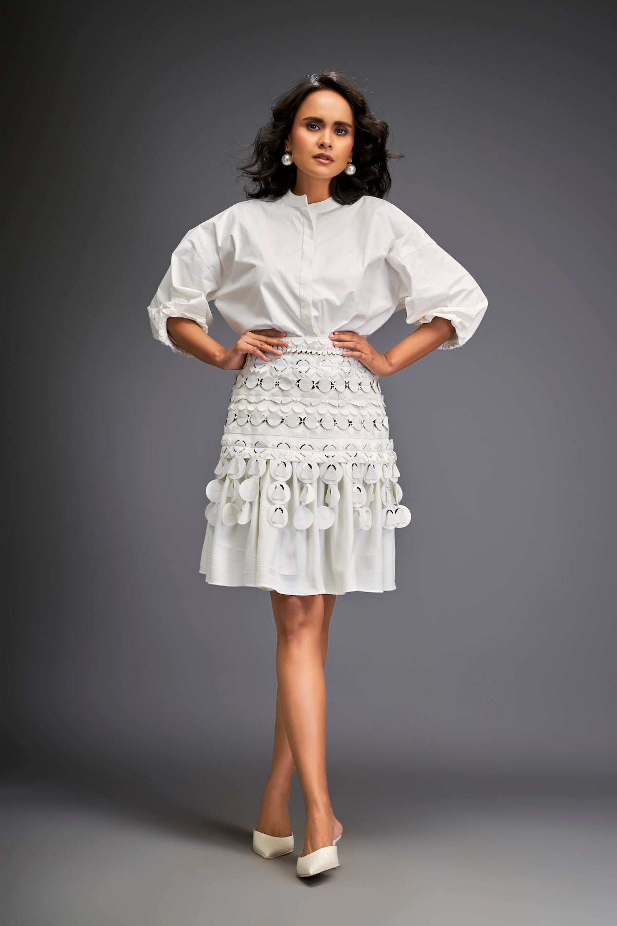 White Sleeve Blouse With A Textured Waistline And Tiered Skirt