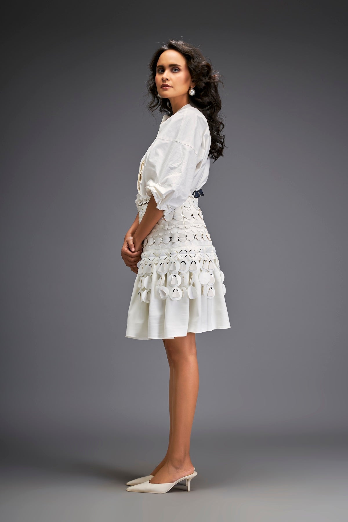 White Sleeve Blouse With A Textured Waistline And Tiered Skirt