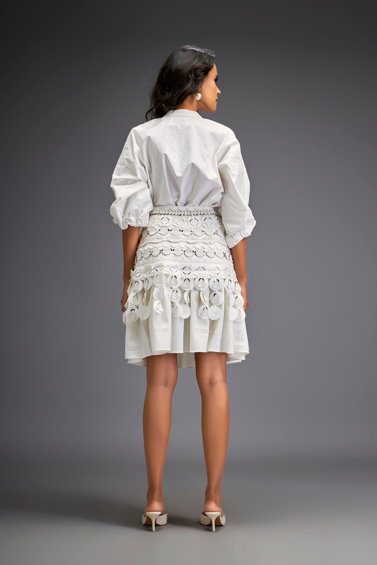 White Sleeve Blouse With A Textured Waistline And Tiered Skirt