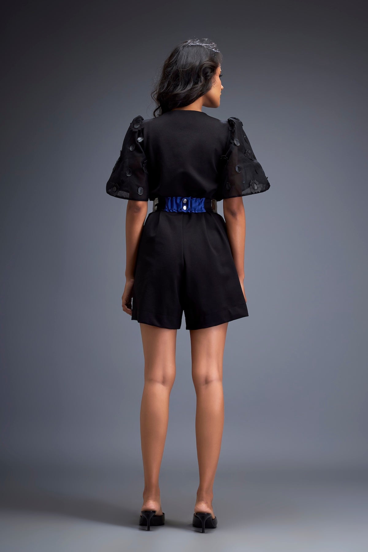 Playsuit with Voluminous Sleeves and Neon-Silver Belt