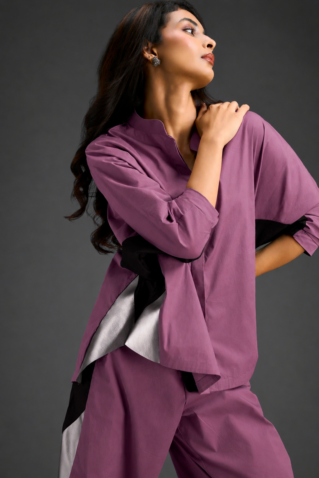 Relaxed Pink Co-ord With Loose-fit Dramatic-sleeve Shirt And Wide-leg Pants With Metallic Side Panels.