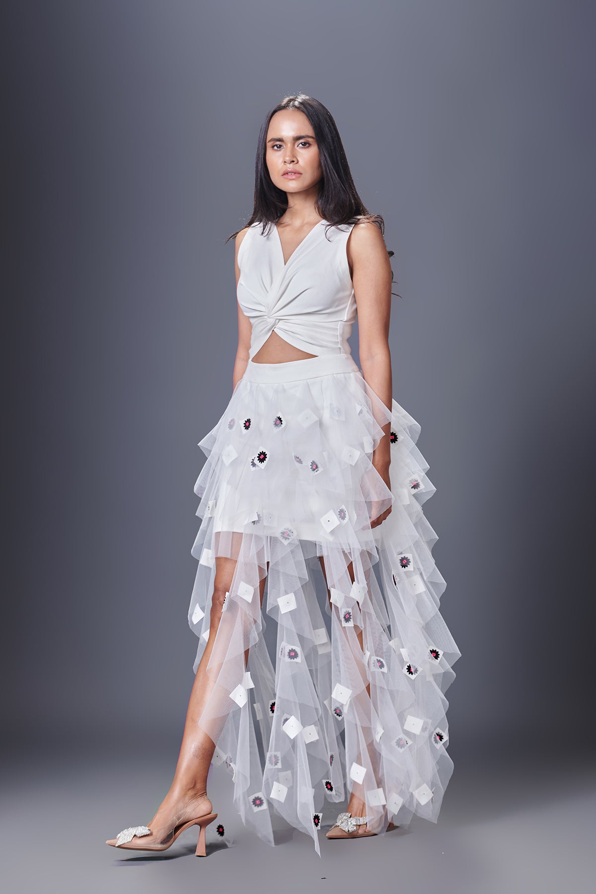 Sleeveless Net Ruffled Dress With Embroidery