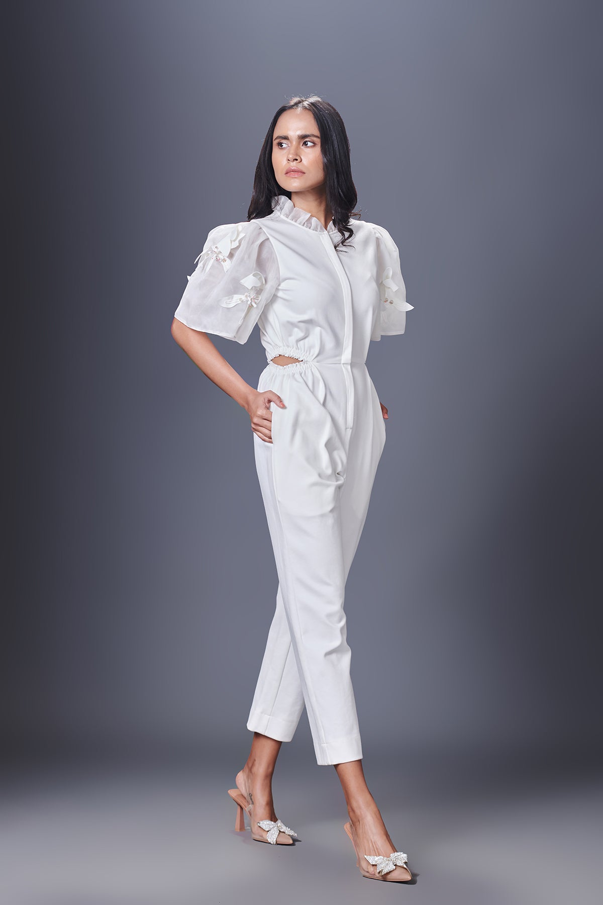 Side Cutout White Jumpsuit With Embroidered Sleeves