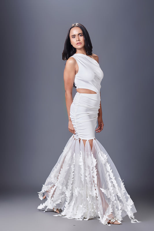 White One Shoulder Dress Attached With Net And Cutwork Details