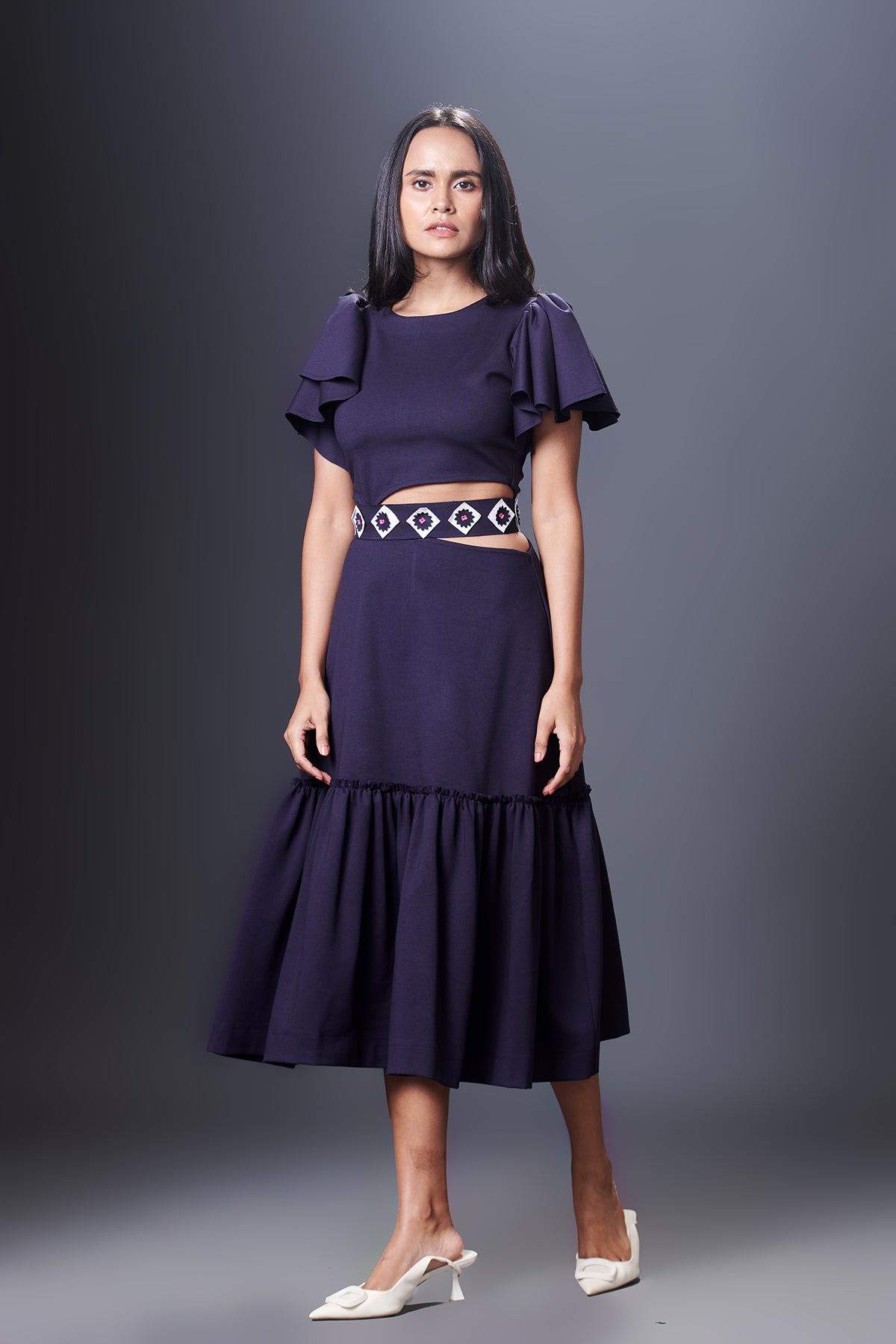 Ruffled Sleeves Dress With Gathered Bottom Comes With Belt