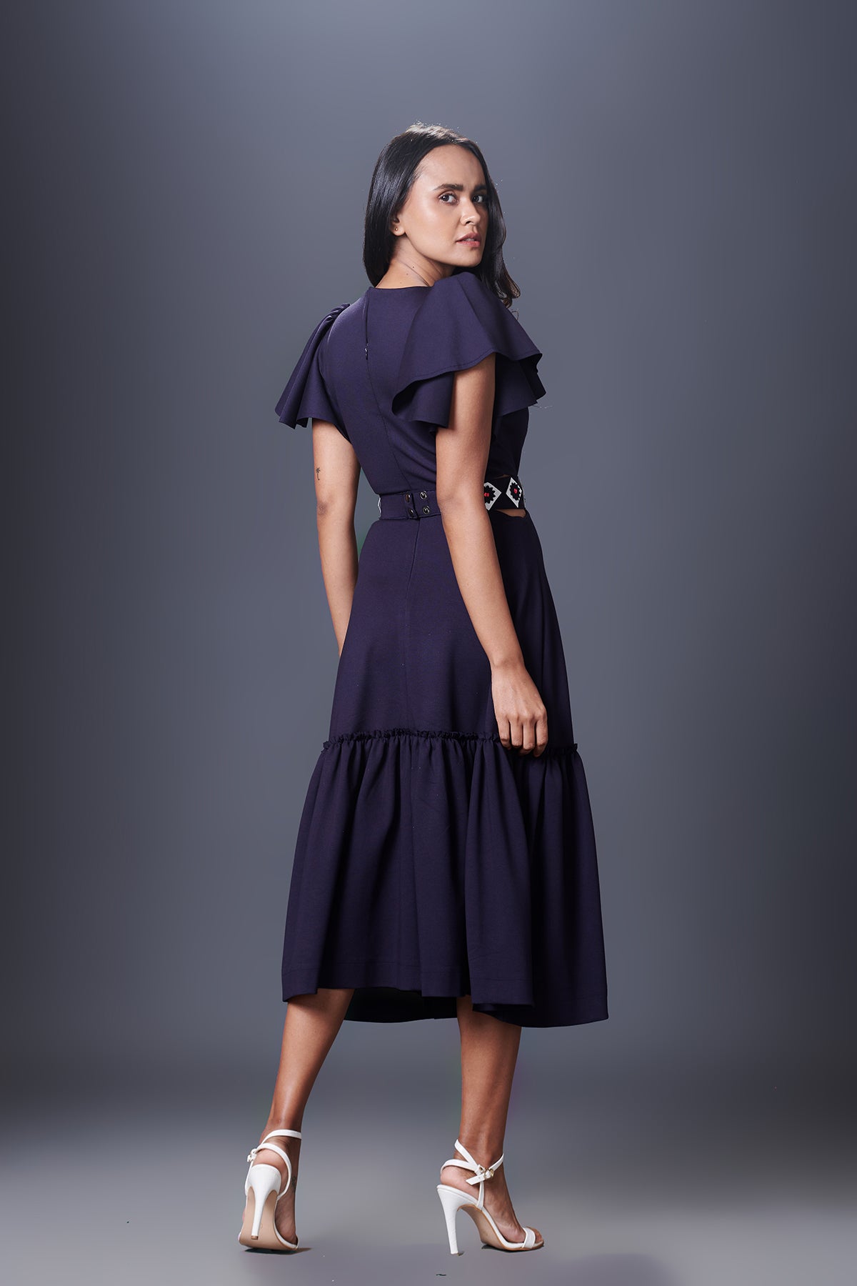 Ruffled Sleeves Dress With Gathered Bottom Comes With Belt