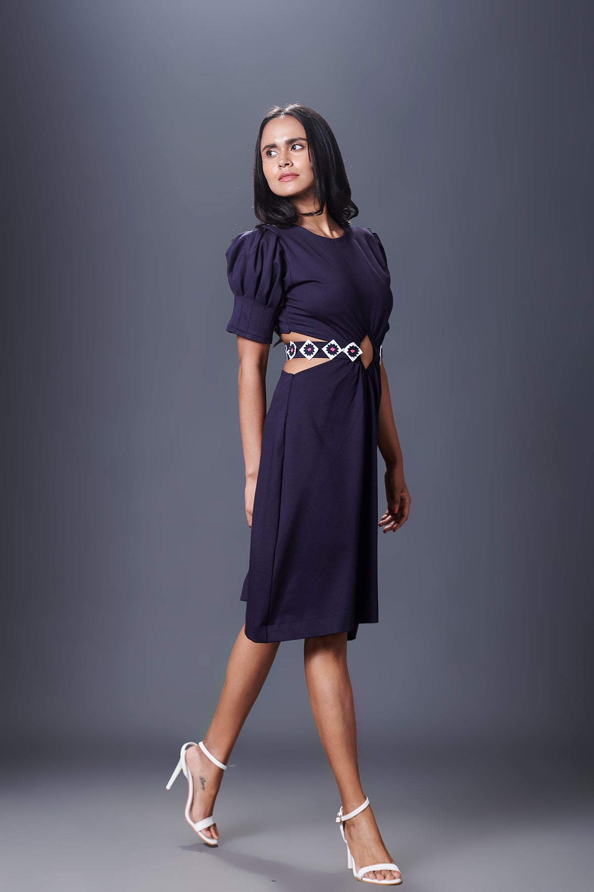 Solid Backless Dress With Puff Sleeves Comes With Belt