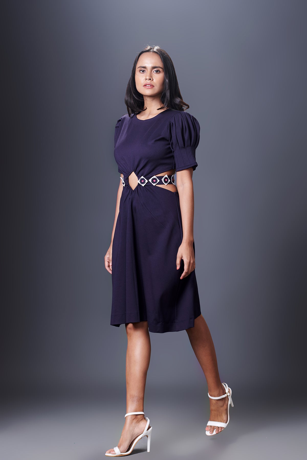 Solid Backless Dress With Puff Sleeves Comes With Belt