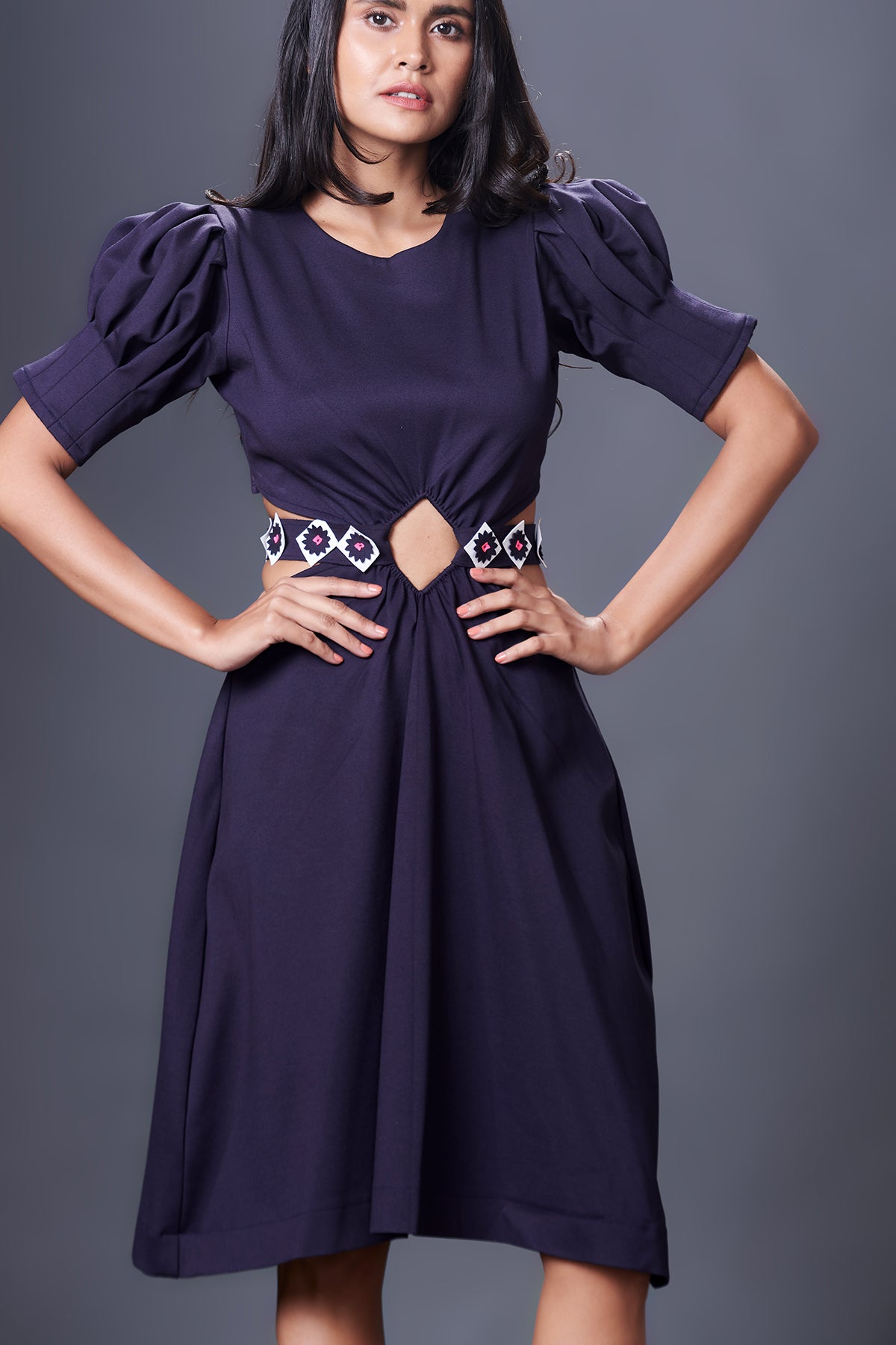 Solid Backless Dress With Puff Sleeves Comes With Belt