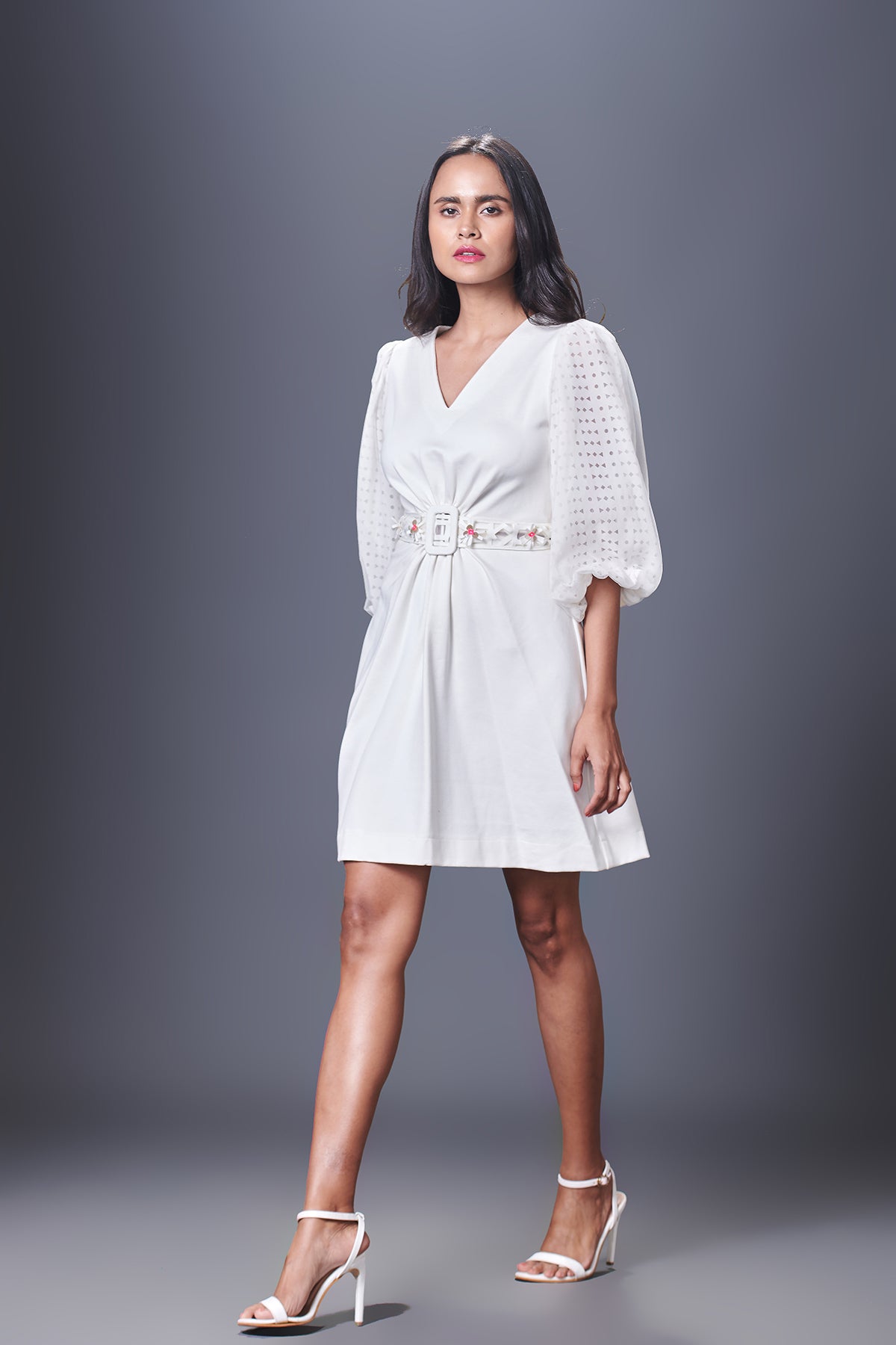 Shift Dress With Georgette Cutwork Sleeves Comes With Belt