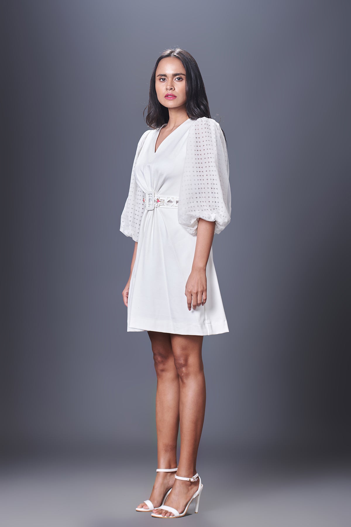 Shift Dress With Georgette Cutwork Sleeves Comes With Belt