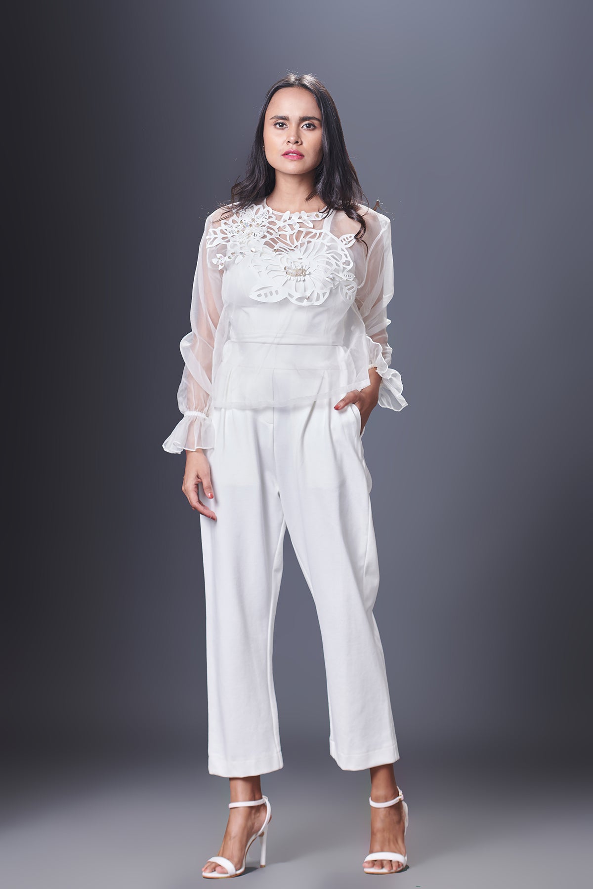 Organza Embroidered Top With Pants Set