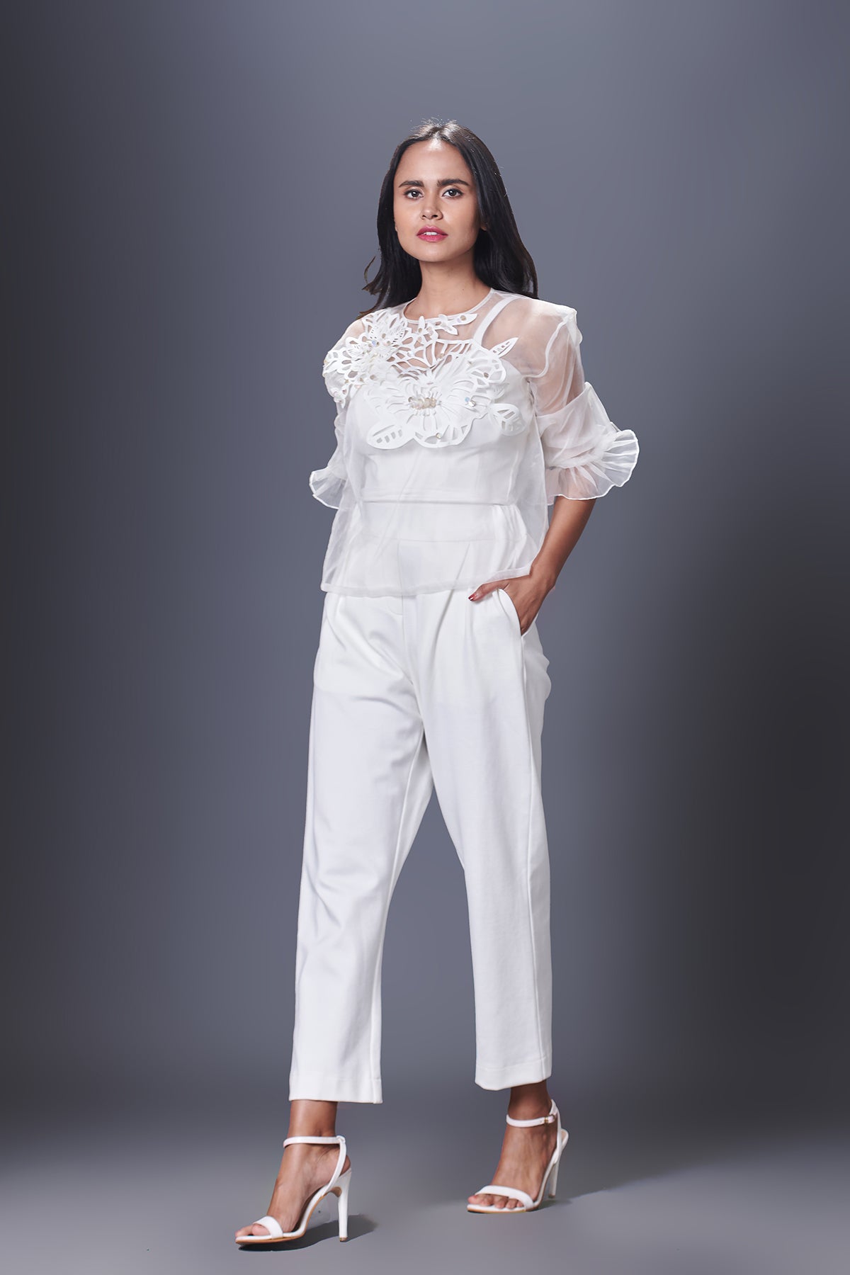 Organza Embroidered Top With Pants Set