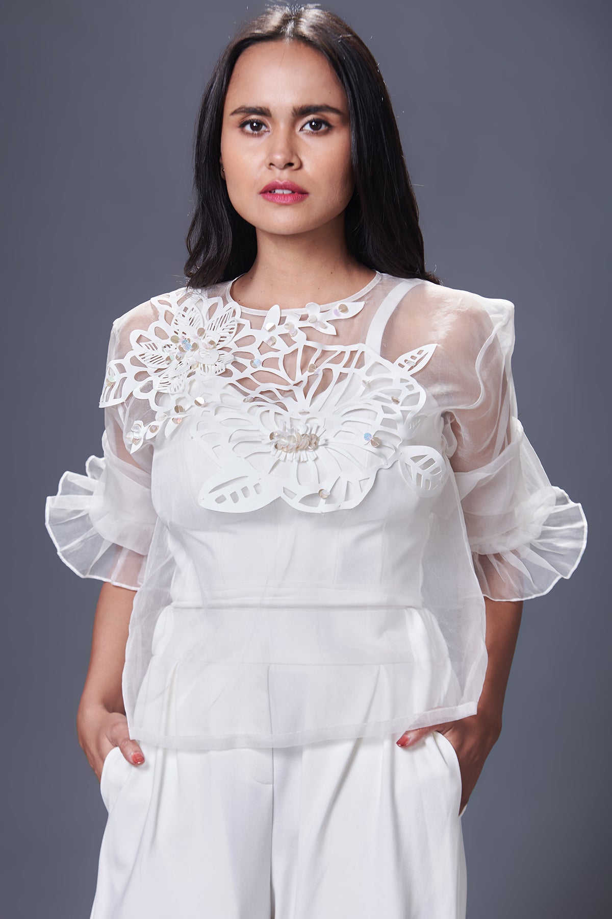 Organza Embroidered Top With Pants Set