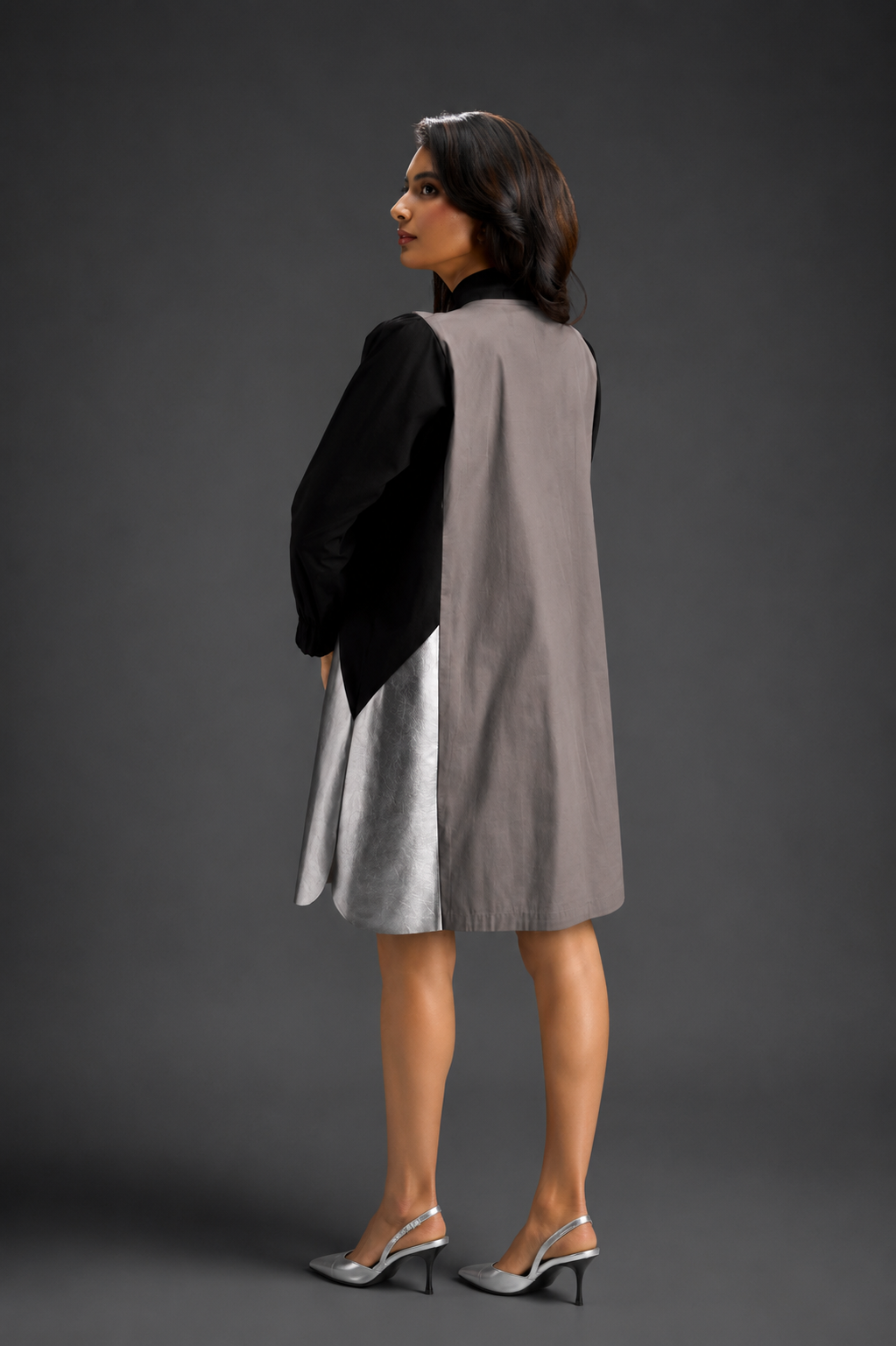 Colourblock Tunic Dress In Warm Grey And Black With Metallic Silver Side Panels