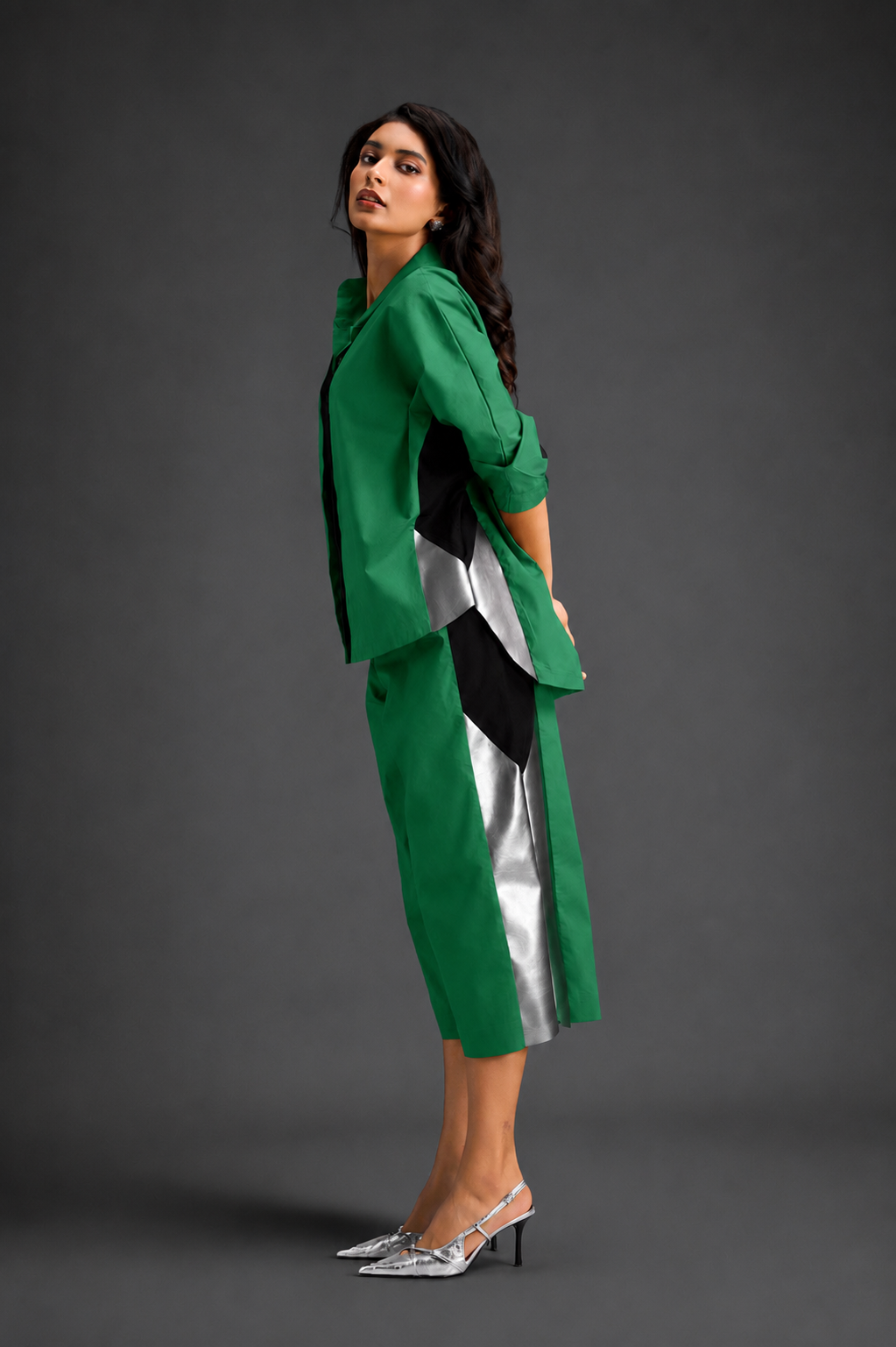 Relaxed Parrot Green Co-ord With Loose-fit Dramatic-sleeve Shirt And Wide-leg Pants With Metallic Side Panels.
