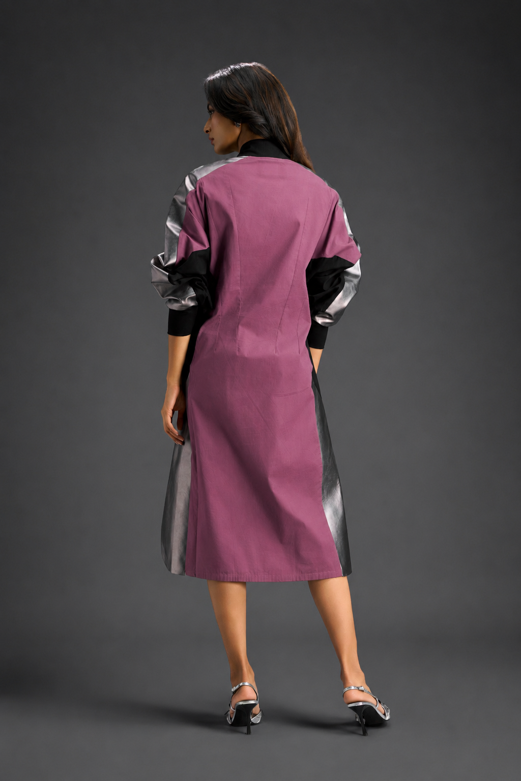 Statement Colourblock Midi Dress In Pink With Contrast Metallic Silver Side Panels And Balloon Sleeves